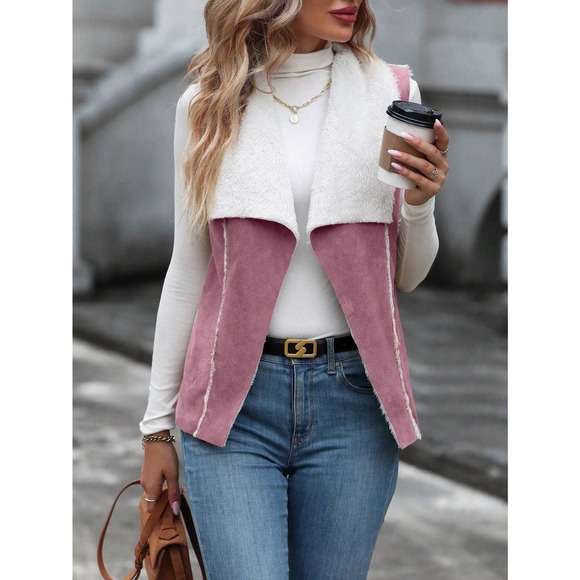 🌟 Teddy shearling Lined Open Front Vest vegan suede - Picture 3 of 8